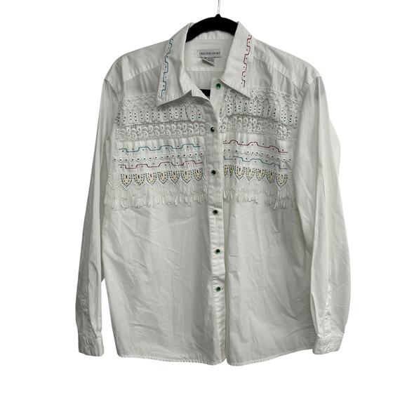 Rhinestone Western Fringe Shirt Carlton Sport Embroidered White Size L - Picture 1 of 9